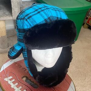 Men's Black and Blue Jewel Plaid Winter Trapper Hat Cap